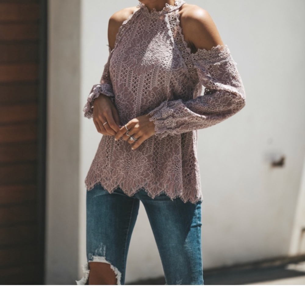 Beautiful lace Mauve “cold-shoulder” top